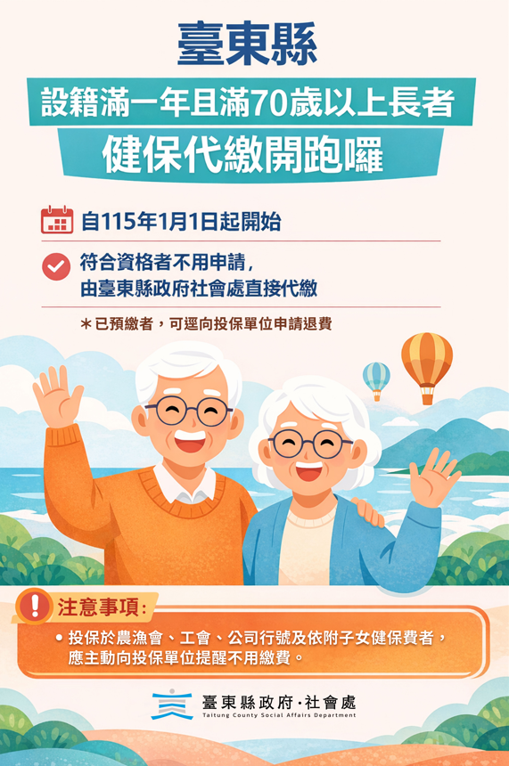 縣府「主動代繳健保費」長者免申請上路 ! 70歲以上設籍臺東滿一年 近3萬人受惠